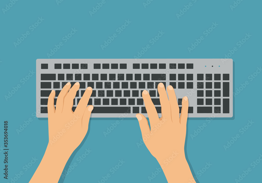 Poster flat design illustration of wireless computer keyboard on office desk. hands writing text, vector