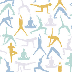 Yoga poses seamless pattern. Repetitive vector illustration on transparent background.