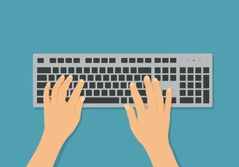 Flat design illustration of wireless computer keyboard on office desk. Hands writing text, vector