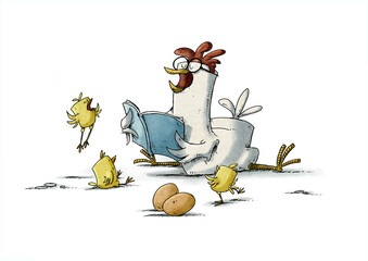 hen with glasses is reading a story to three yellow chicks who are very happy. isolated