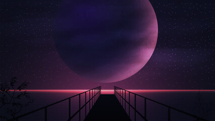 Marine purple space landscape with a large planet, starry sky and wooden pier. Space landscape with a huge planet on the horizon © DDevicee