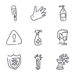 Medical care and covid 19 virus line style icon set vector design