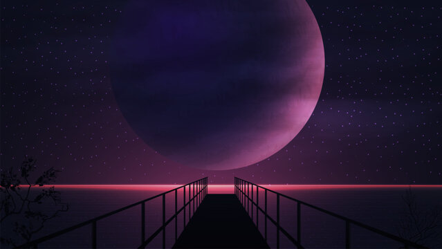 Marine purple space landscape with a large planet, starry sky and wooden pier. Space landscape with a huge planet on the horizon