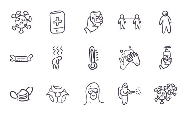 Medical care and covid 19 virus line style icon set vector design