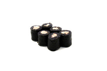 Sushi Roll made of Fresh shrimp Isolated on white, Sushi roll with black rice with cuttlefish ink inside. Japanese cuisine. Asian food Isolated on white