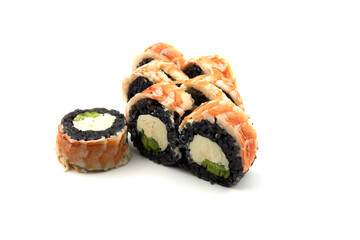 Philadelphia Sushi Roll made of Fresh shrimp, Avocado and Cream Cheese with black rice with cuttlefish ink inside. Japanese cuisine. Asian sushi food Isolated on white closeup
