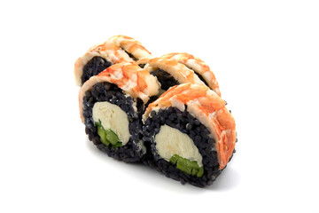Philadelphia Sushi Roll made of Fresh shrimp Isolated on white, Avocado and Cream Cheese with black rice with cuttlefish ink inside. Japanese cuisine. Asian food Isolated on white