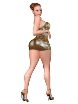 3d render of beautiful and cute girl  with curvy body, standing back , with reflective gold miniskirt and high heel
