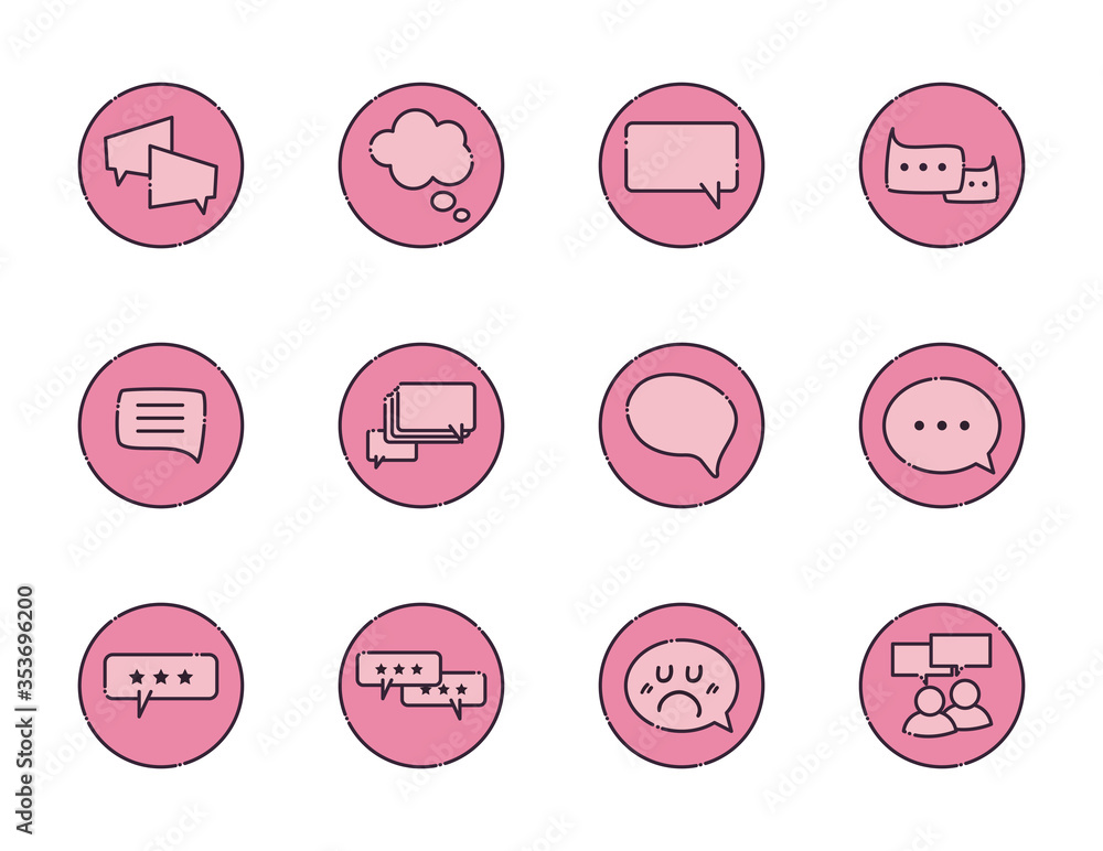 Poster communication bubbles fill style icon set vector design
