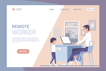 Fototapeta na wymiar Male freelancer working remotely. Online Conference Meeting. Work from home. Freelancer with child working on laptop. Home office. Flexible schedule concept. Flat Vector illustration
