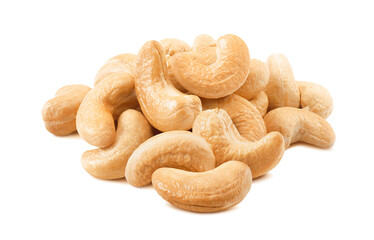 Big pile of roasted cashew nuts isolated on white background