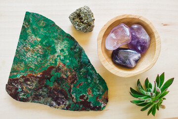 Bowl of Amethyst with Chrysocolla Stone Slice, Pyrite and Echeveria