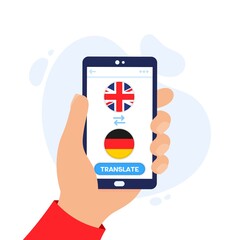 Mobile application for translating foreign languages. Online dictionary and translator app for smartphones. English-German online dictionary app. Hand holding a smartphone.