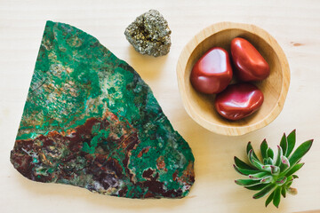 Bowl of Red Jasper with Chrysocolla Stone Slice, Pyrite and Echeveria