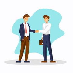 Businessmen standing and shake hands on white background. Agreement concept flat vector.