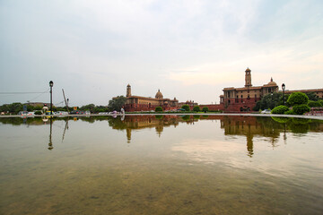 Rashtrapati bhawan on the rajpath road,new Delhi in golden hour with reflection.also known as president estate