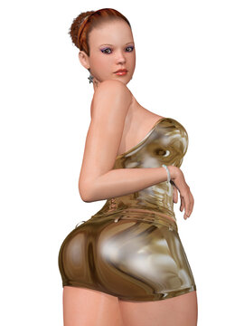 3d render of beautiful and cute girl  with curvy body, standing back , with reflective gold miniskirt and high heel