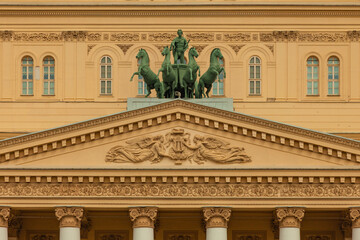 Statue of Apollo managing a cart of horses harnessed to a chariot on the roof of the Bolshoi Theater in Moscow