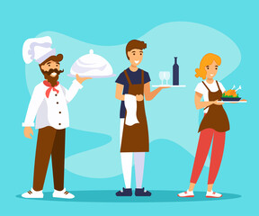 Fototapeta premium Chef cook, waiter and waitress are holding trays of food and drinks. Restaurant staff.