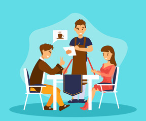 Couple in love having romantic dating in a restaurant. Smiling waiter takes order. 