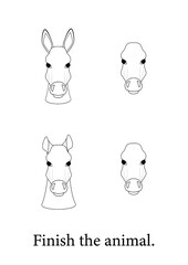 Coloring page. Blank for children's educational book. Finish the drawing. Drawing exercise for kids. Black and white сartoon livestock: horse, donkey with a pattern for drawing. Line graphics.