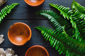 Empty Teak Bowls with Quartz and Fern