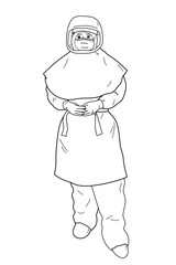 simple line draw doctor wearing personal protective equipment, papr (powered air-purifying respirator), n95 mask, caps, gloves and coverall cloths with hood for infectious disease outbreaks protection