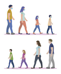 Fototapeta premium Family group of four walking and wearing mask