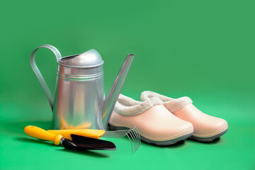 Pink rubber galoshes, watering can and gardening tools on green background with copy space. Selective focus. - Powered by Adobe