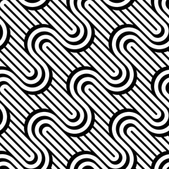 Vector geometric seamless pattern. Modern geometric background. Curving lines on the background of diagonal stripes.