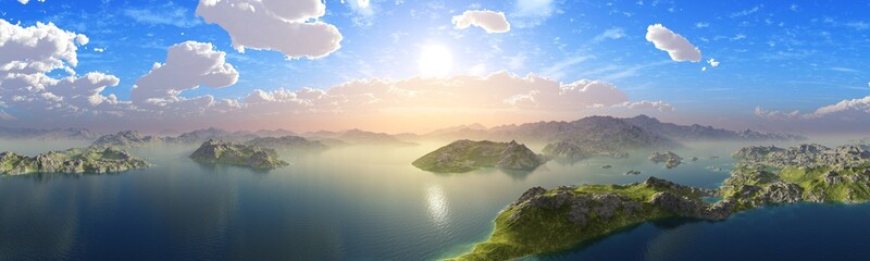 Panorama of the sea bay under the sky with clouds and the sun, archipelago, 3D rendering