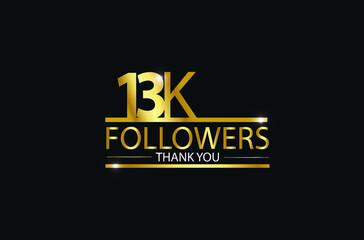 13K, 13.000 Followers celebration logotype with golden and Spark light white color isolated on black background for social media - Vector