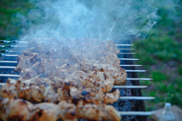 Fry kebabs mounted on skewers. Below are hot charcoals.