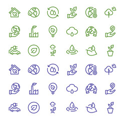 The set of ECOLOGY icons, vector lines, contains such icons as an electric car, global warming, forest, eco, watering plants, a plant and much more. Editable stroke, white background