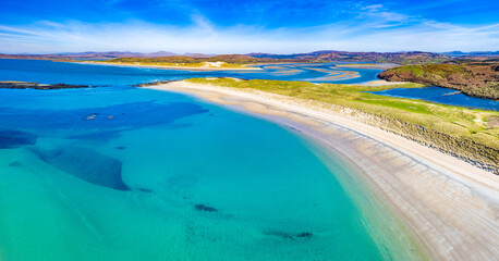 Aerial view of Carrickfad and Cashelgolan beach, Castlegoland, by Portnoo in County Donegal -...