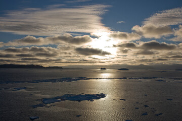 Antarctica landscape with ice and icebergs at sunset on a winter day