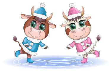 Cow on skates flat vector animal, lovely cow skating, brown cow making winter sport