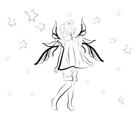 vector illustration of a girl with wings and stars in the background