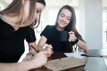 Two female colleagues in office working together..