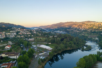 Fototapeta na wymiar Amarante drone aerial view with of city landscape in Portugal at sunrise