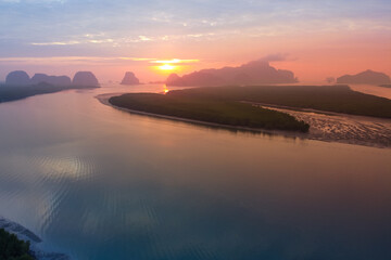 Fototapeta premium Beautiful Sunrise aerial view landscape Phang nga sam chong Thailand