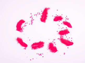 feathers with small candy hearts on a pink background. Love