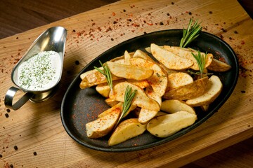 Fried potatoes in a cast-iron pan with blue cheese sauce, rosemary and pepper. On a wooden stand