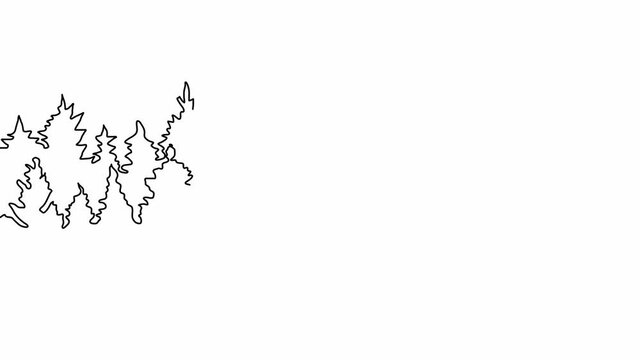 Self-drawing a simple animation of one continuous drawing of one line of Christmas trees, forests on the background
