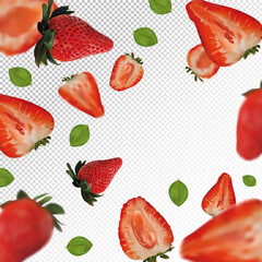 Set of strawberries with leaves on transparent background. Strawberry fruits are whole and cut in half. Useful ripe fresh strawberries rich in vitamins, natural product. Realistic vector illustration