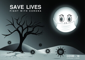 Corona virus vector illustration, Concept protect against corona virus, moon wear the mask against corona virus,