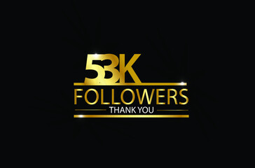 53k, 53.000 Followers celebration logotype with golden and Spark light white color isolated on black background for social media - Vector