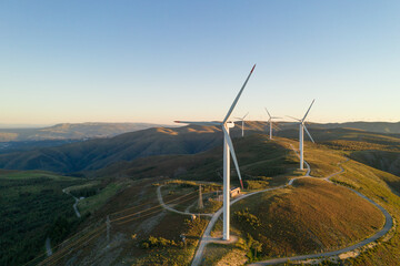 Wind turbines drone aerial view renewable energy on the middle of Serra da Freita Arouca Geopark,...