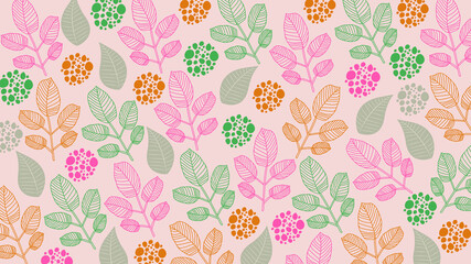Vector template with tropical plants, exotic flowers, citrus, tropical floral colorful background. Contours.
