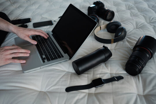 top view of creative photographer using graphic tablet on work table.